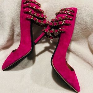 Jeffrey Campbell Hot Pink Suede High Heels Pumps with Beautiful Gold Chain